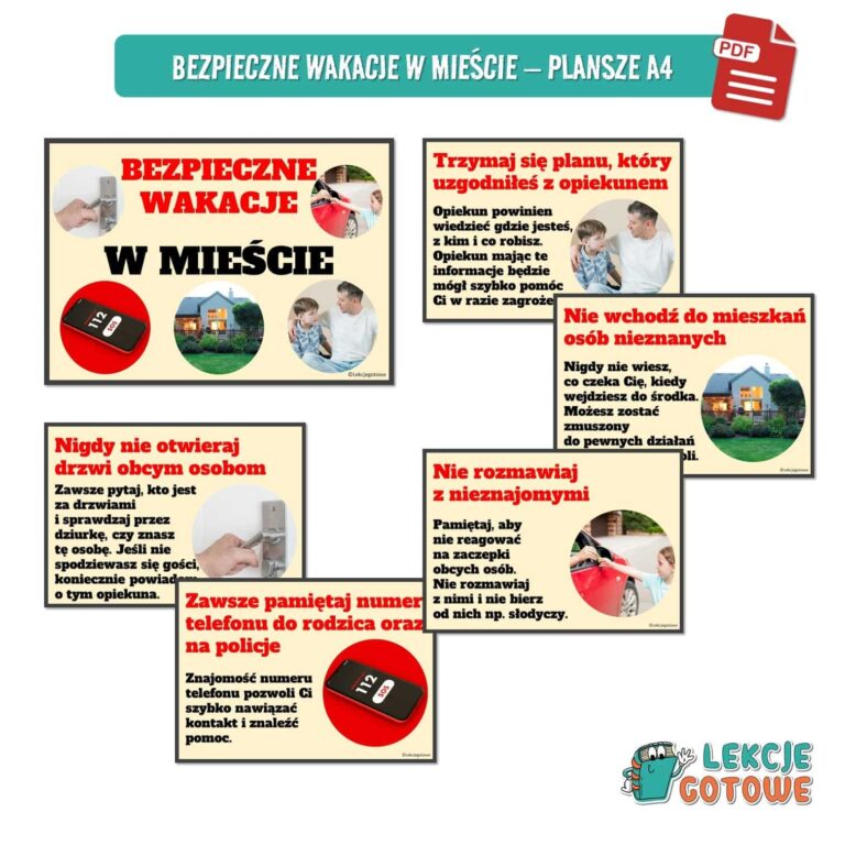 duży zestaw edukacyjny bezpieczne wakacje bezpieczeństwo dzieci pdf pomoce dydaktyczne