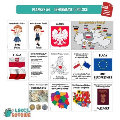 Polska duży zestaw edukacyjny plansze pomoce dydaktyczne karty pracy ćwiczenia kolorowanki dla dzieci pdf do druku