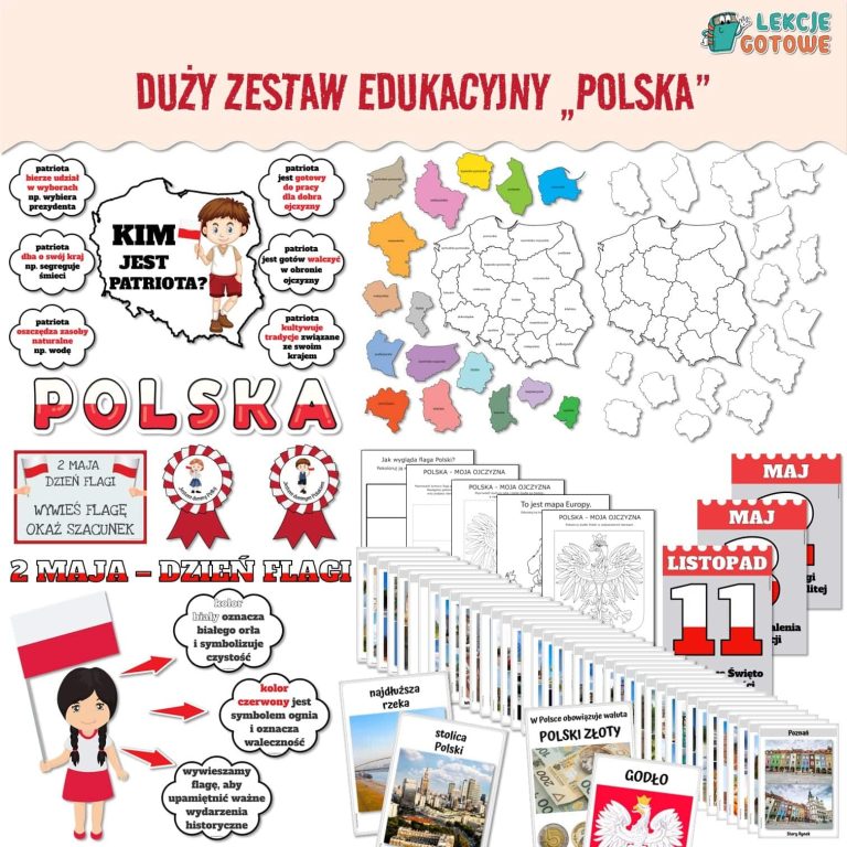 Polska duży zestaw edukacyjny plansze pomoce dydaktyczne karty pracy ćwiczenia kolorowanki dla dzieci pdf do druku