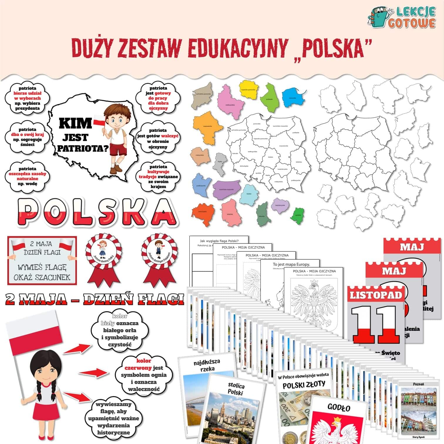 Polska duży zestaw edukacyjny plansze pomoce dydaktyczne karty pracy ćwiczenia kolorowanki dla dzieci pdf do druku