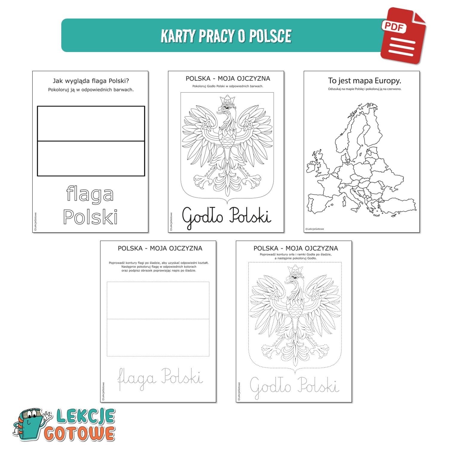 Polska duży zestaw edukacyjny plansze pomoce dydaktyczne karty pracy ćwiczenia kolorowanki dla dzieci pdf do druku