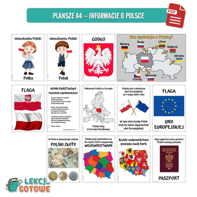 Polska duży zestaw edukacyjny plansze pomoce dydaktyczne karty pracy ćwiczenia kolorowanki dla dzieci pdf do druku