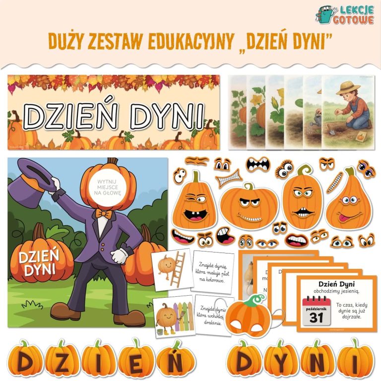 dzień dyni jesień pomysły scenariusz fotobudka ozdoby girlanda dekoracje napis zabawy zabawa plansze cykl rozwoju rośliny maska karty pracy do druku pdf