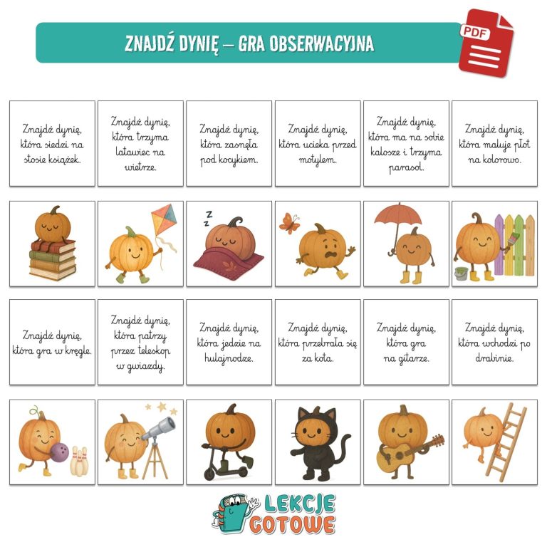 dzień dyni jesień pomysły scenariusz fotobudka ozdoby girlanda dekoracje napis zabawy zabawa plansze cykl rozwoju rośliny maska karty pracy do druku pdf