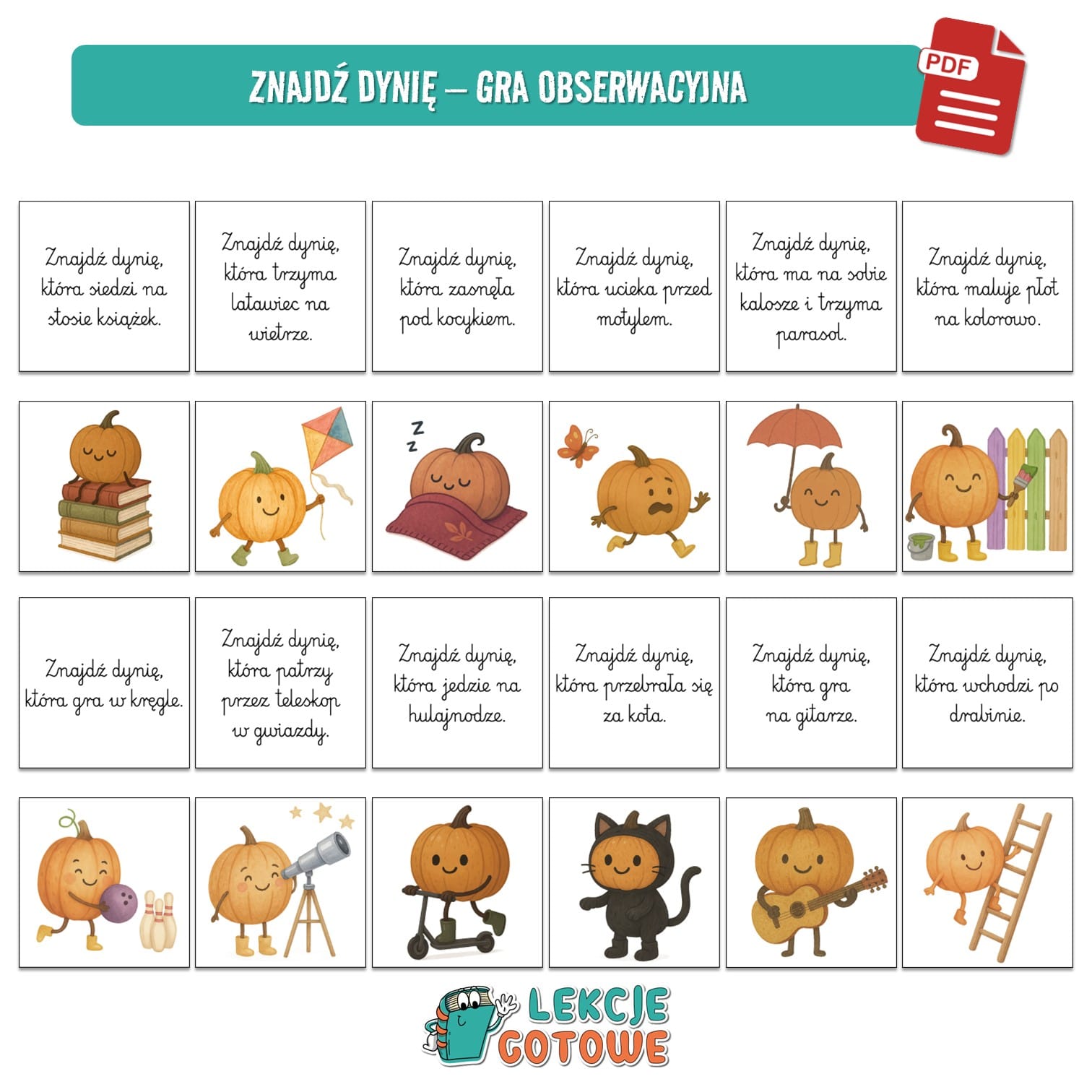 dzień dyni jesień pomysły scenariusz fotobudka ozdoby girlanda dekoracje napis zabawy zabawa plansze cykl rozwoju rośliny maska karty pracy do druku pdf