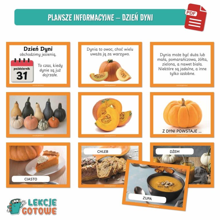 dzień dyni jesień pomysły scenariusz fotobudka ozdoby girlanda dekoracje napis zabawy zabawa plansze cykl rozwoju rośliny maska karty pracy do druku pdf