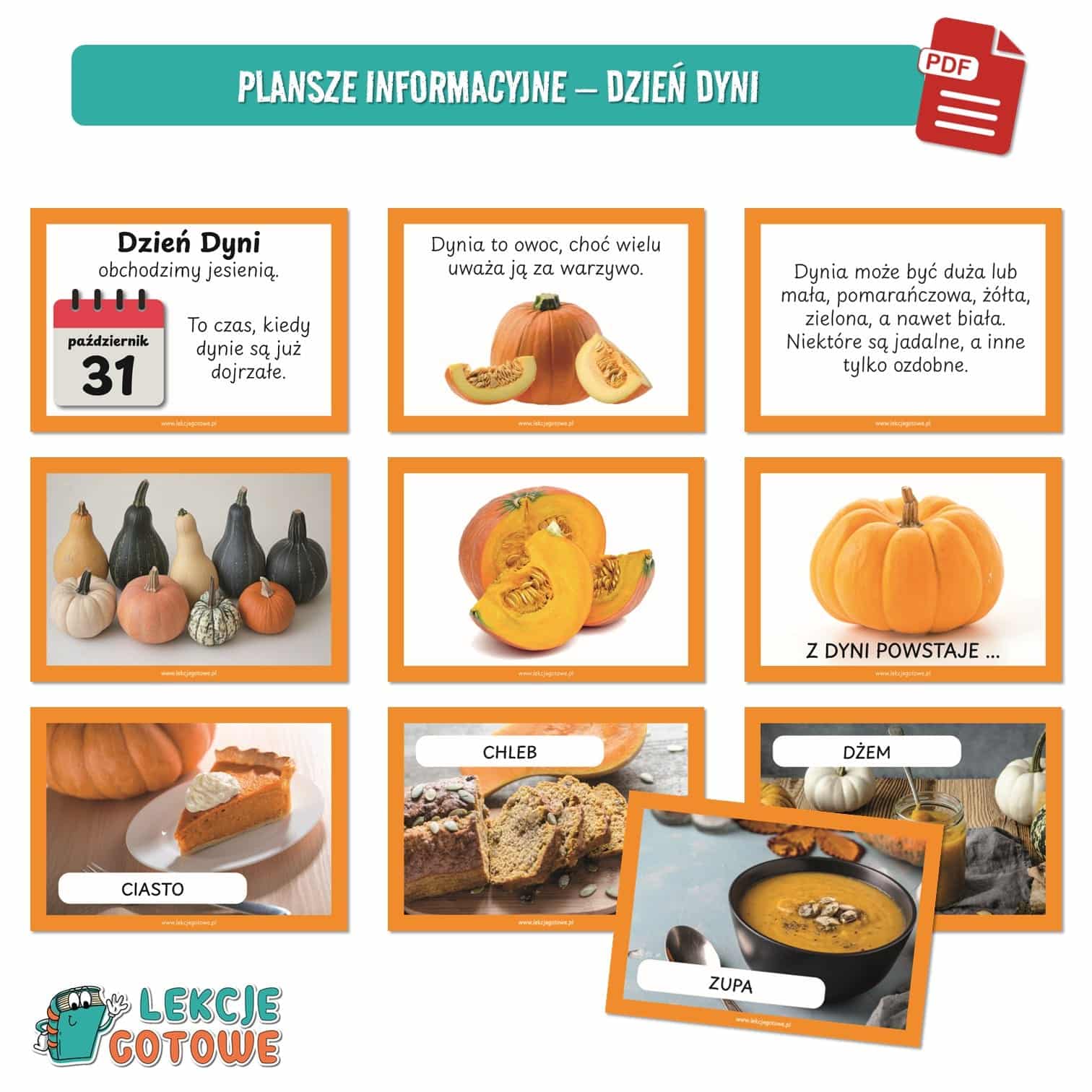 dzień dyni jesień pomysły scenariusz fotobudka ozdoby girlanda dekoracje napis zabawy zabawa plansze cykl rozwoju rośliny maska karty pracy do druku pdf