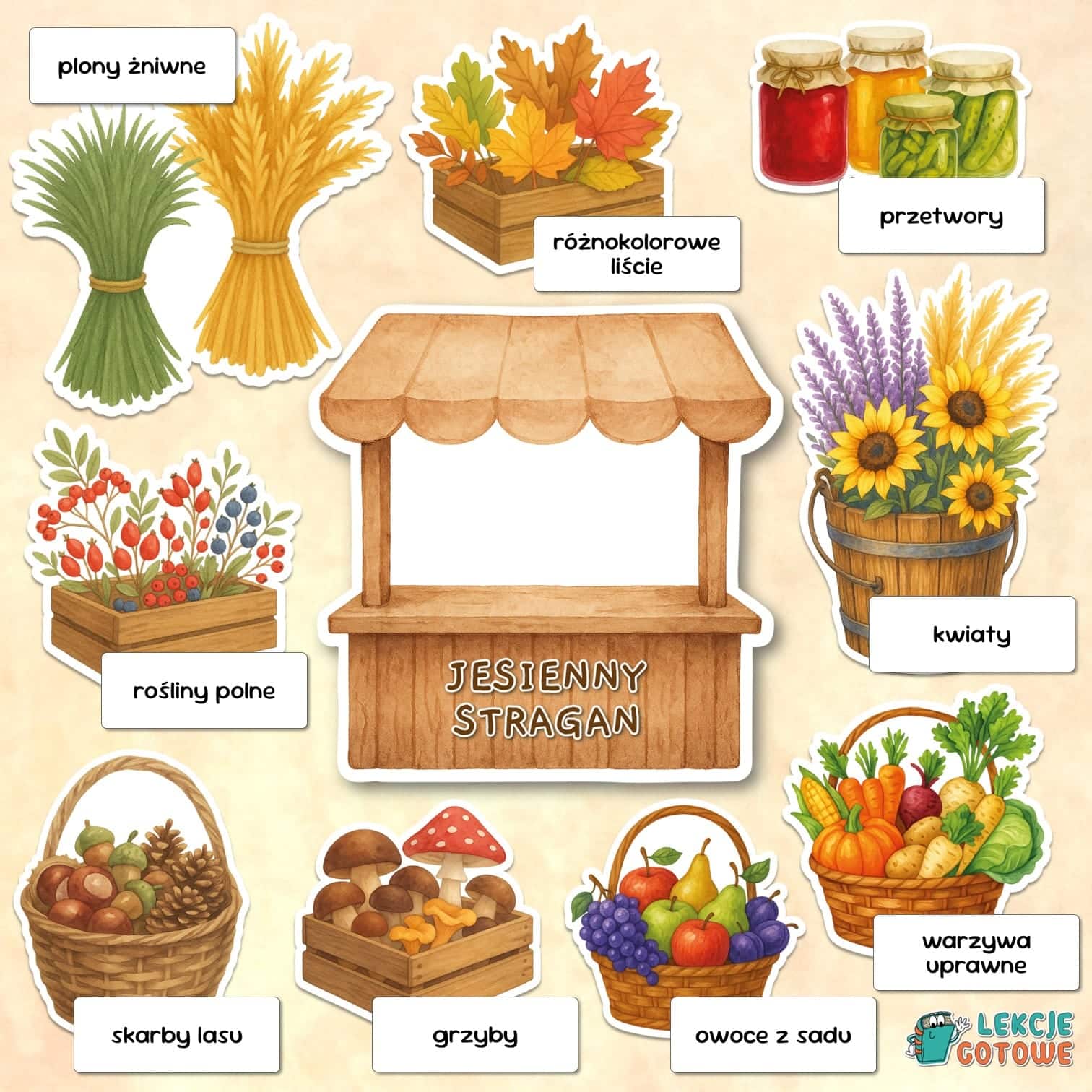 jesień jesienny stragan dary lasu jesieni skarby owoce grzyby warzywa żniwa zboże pomoce edukacyjne superkid do druku printoteka