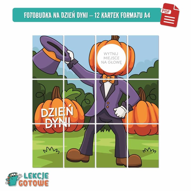dzień dyni jesień pomysły scenariusz fotobudka ozdoby girlanda dekoracje napis zabawy zabawa plansze cykl rozwoju rośliny maska karty pracy do druku pdf