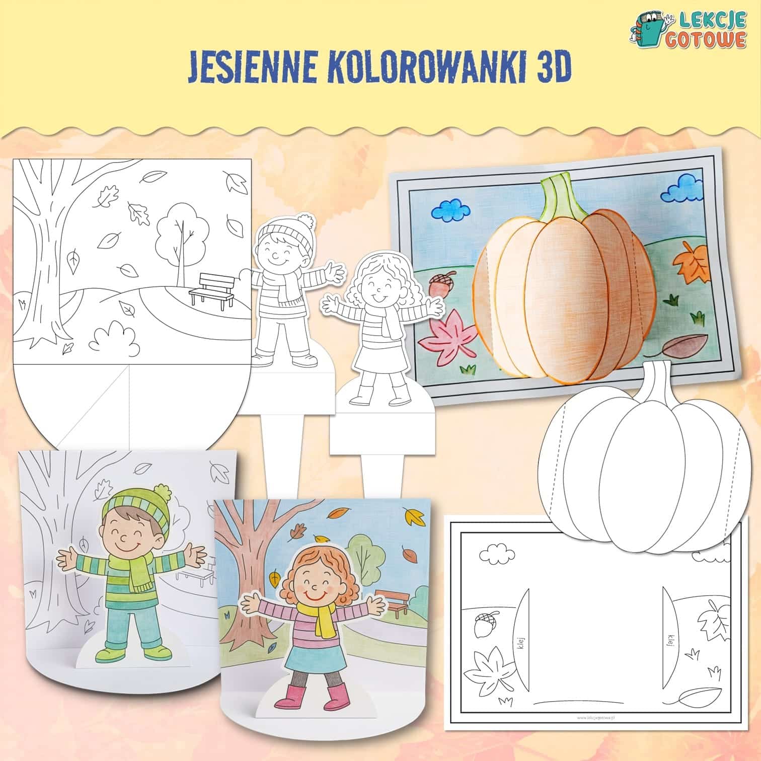 jesienne kolorowanki 3d wycinanki szablony pomysły praca plastyczna prace plastyczne jesień przedszkole scenariusz do druku pomoce materiały edukacyjne dydaktyczne