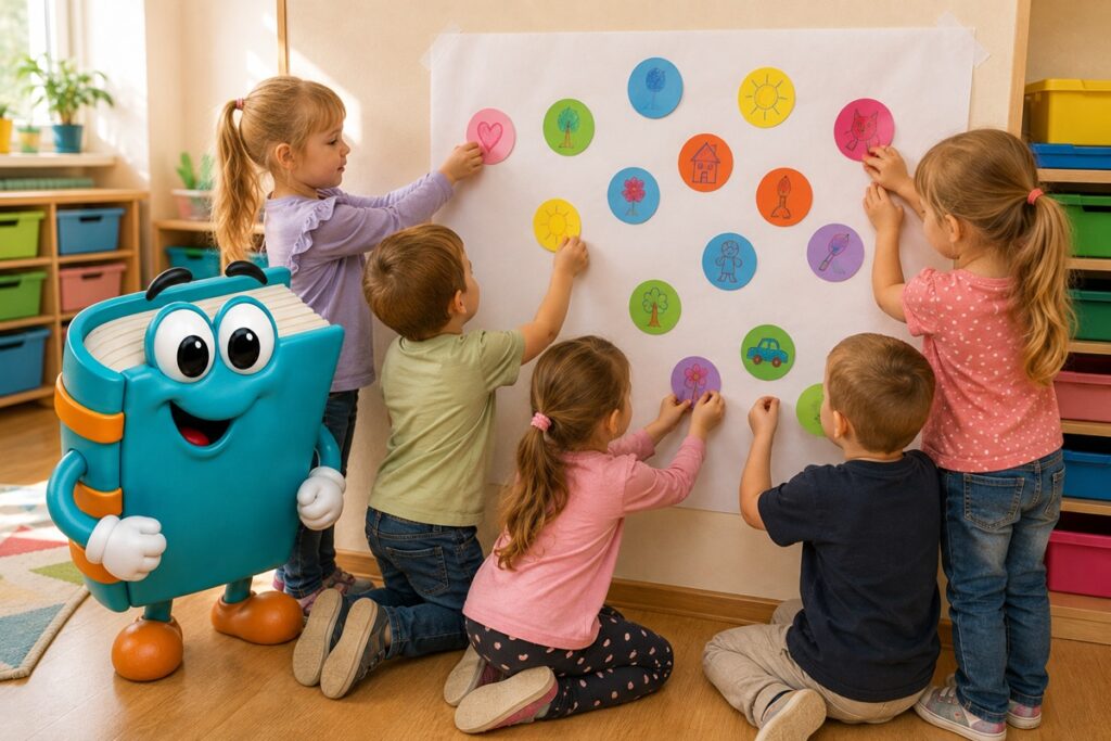 Dzieci przyklejają papierowe kropki ze swoimi talentami na wspólny plakat