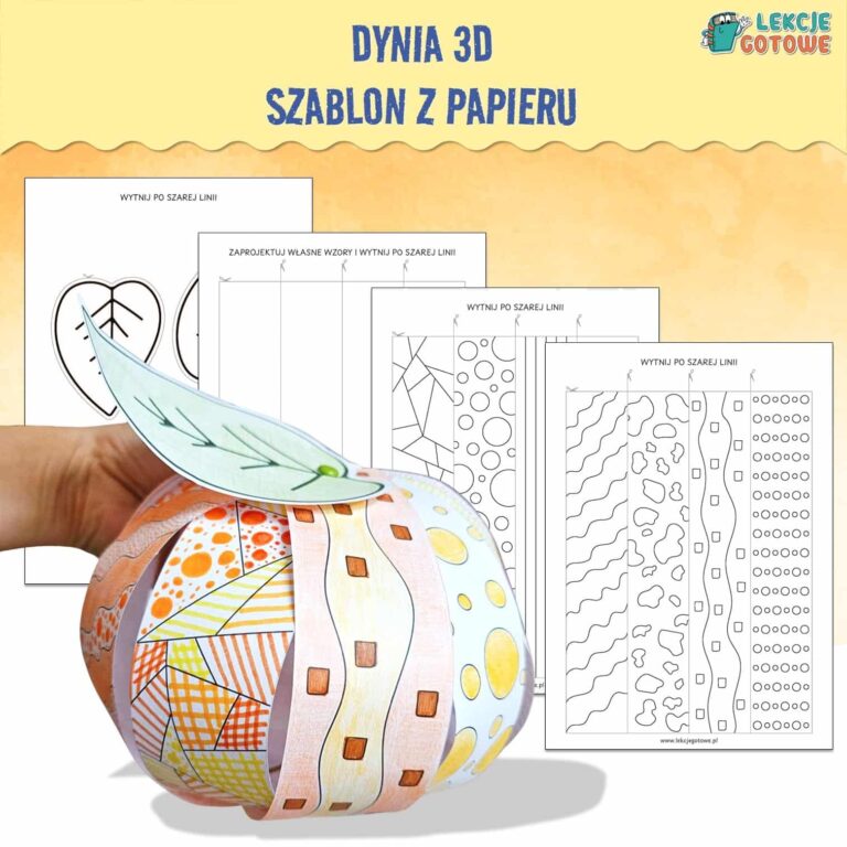 Dynia 3D szablon z papieru do druku kolorowanki wycinanki dzień dyni jesień jesienne pomysły karty pracy dekoracje ozdoby halloween motoryka mała grafomotoryka