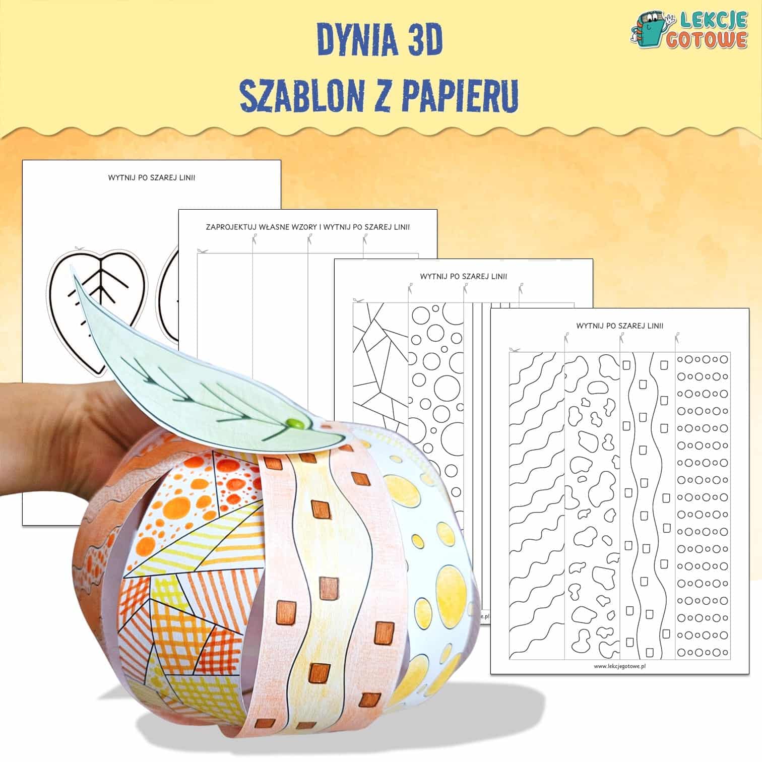 Dynia 3D szablon z papieru do druku kolorowanki wycinanki dzień dyni jesień jesienne pomysły karty pracy dekoracje ozdoby halloween motoryka mała grafomotoryka