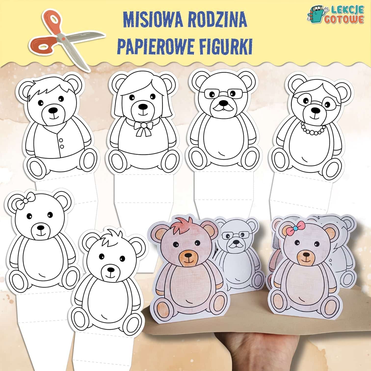 misiowa rodzina dzień misia papierowe figurki kolorowanki wycinanki