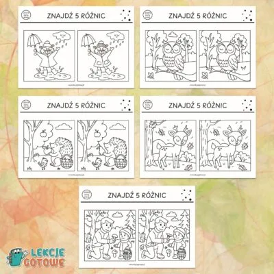 znajdź różnice 5 różnic spostrzegawczość koncentracja karty pracy dla dzieci do druku za darmo printoteka kolorowanki jesienne jesień