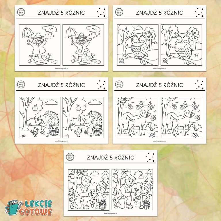 znajdź różnice 5 różnic spostrzegawczość koncentracja karty pracy dla dzieci do druku za darmo printoteka kolorowanki jesienne jesień