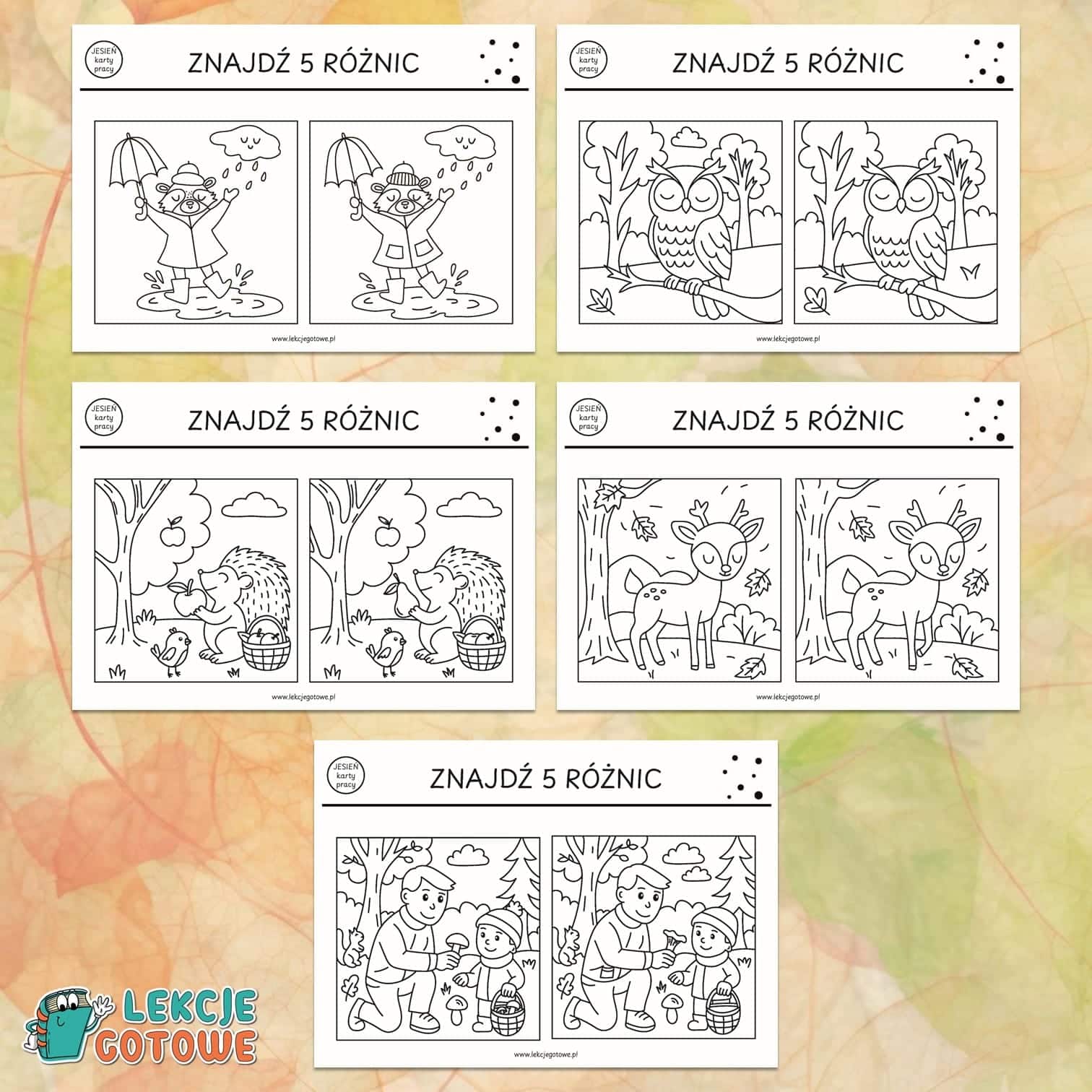 znajdź różnice 5 różnic spostrzegawczość koncentracja karty pracy dla dzieci do druku za darmo printoteka kolorowanki jesienne jesień