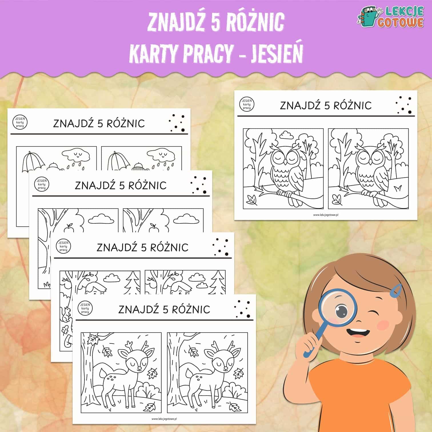 znajdź różnice 5 różnic spostrzegawczość koncentracja karty pracy dla dzieci do druku za darmo printoteka kolorowanki jesienne jesień