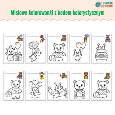 Misiowe kolorowanki z kodem kolorystycznym na Dzień Pluszowego Misia
