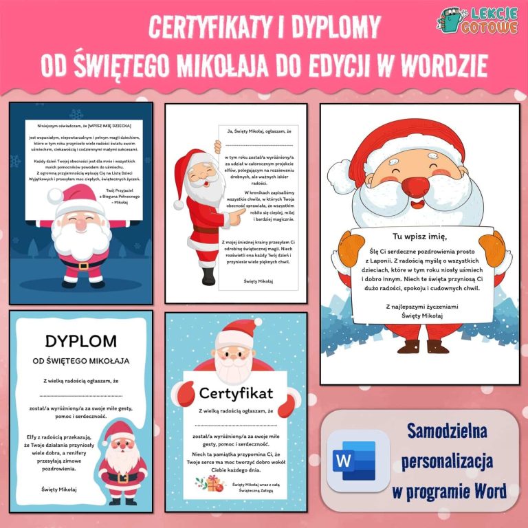 certyfikaty dyplomy święty Mikołaj mikołajki od świętego mikołaja do edycji word pomysły upominki prezenty do druku