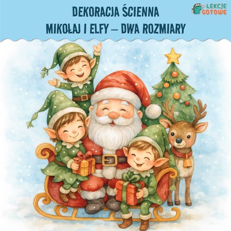 mikołaj z elfami dekoracja ścienna ozdoby wielkoformatowe pomysły mikołajki grudzień pomoce materiały do druku