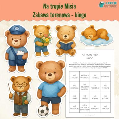 Na tropie misia zabawa terenowa bingo do druku misie misiaczki dzień pluszowego misia ilustracje ozdoby dekoracje do druku pdf pomysły gra