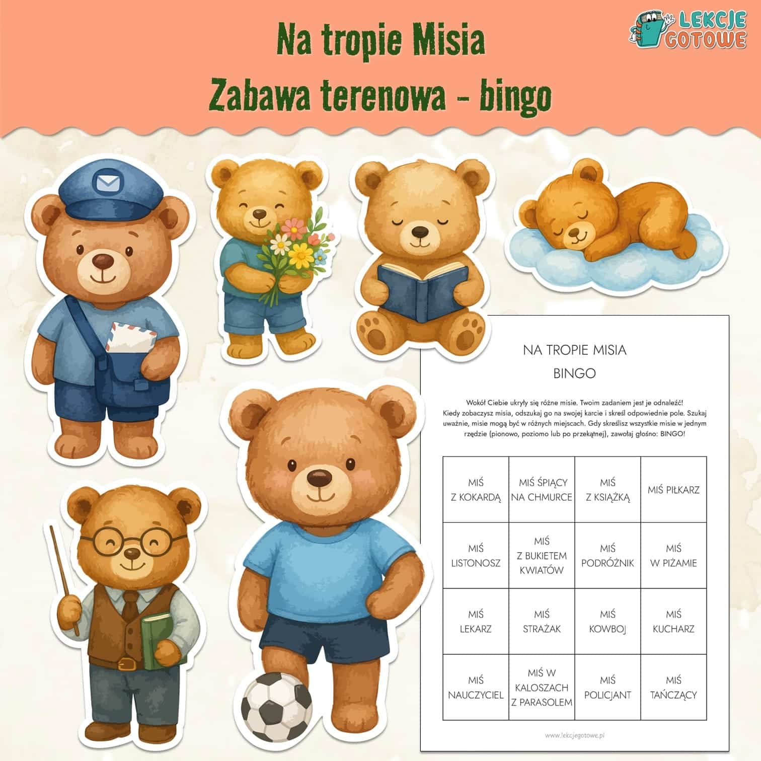 Na tropie misia zabawa terenowa bingo do druku misie misiaczki dzień pluszowego misia ilustracje ozdoby dekoracje do druku pdf pomysły gra