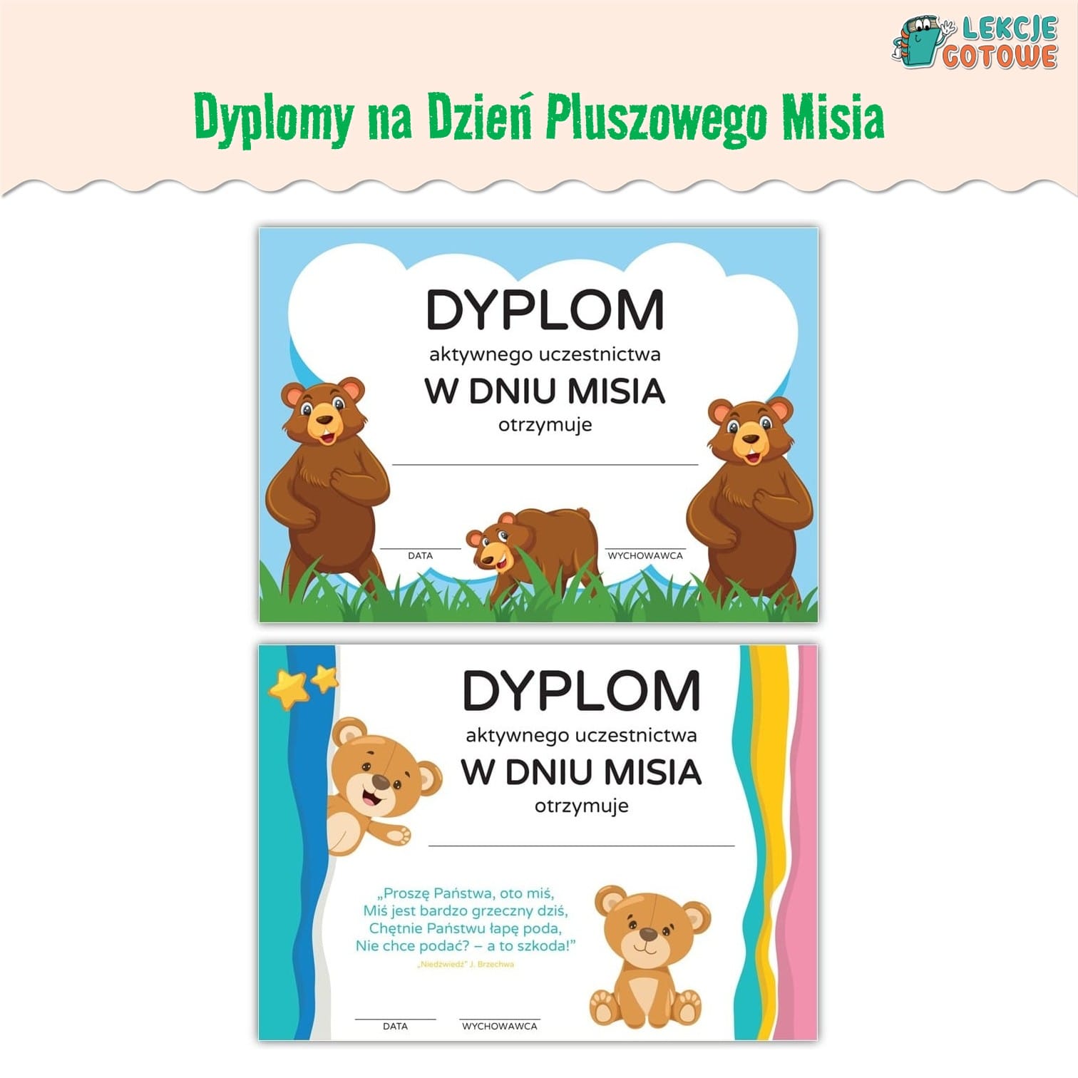 dyplomy na dzień pluszowego misia