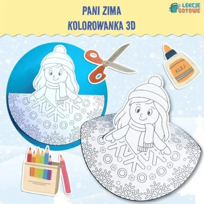 Pani Zima kolorowanka 3D szablon do druku wycinanka dekoracje zimowe ozdoby przedszkole praca plastyczna