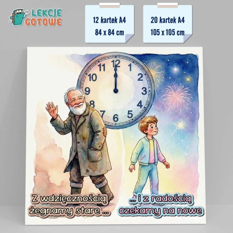 dekoracja ścienna ozdoby noworoczne nowy stary rok zegar czas pomysły gazetka do pobrania druku pdf materiały edukacyjne przedszkole