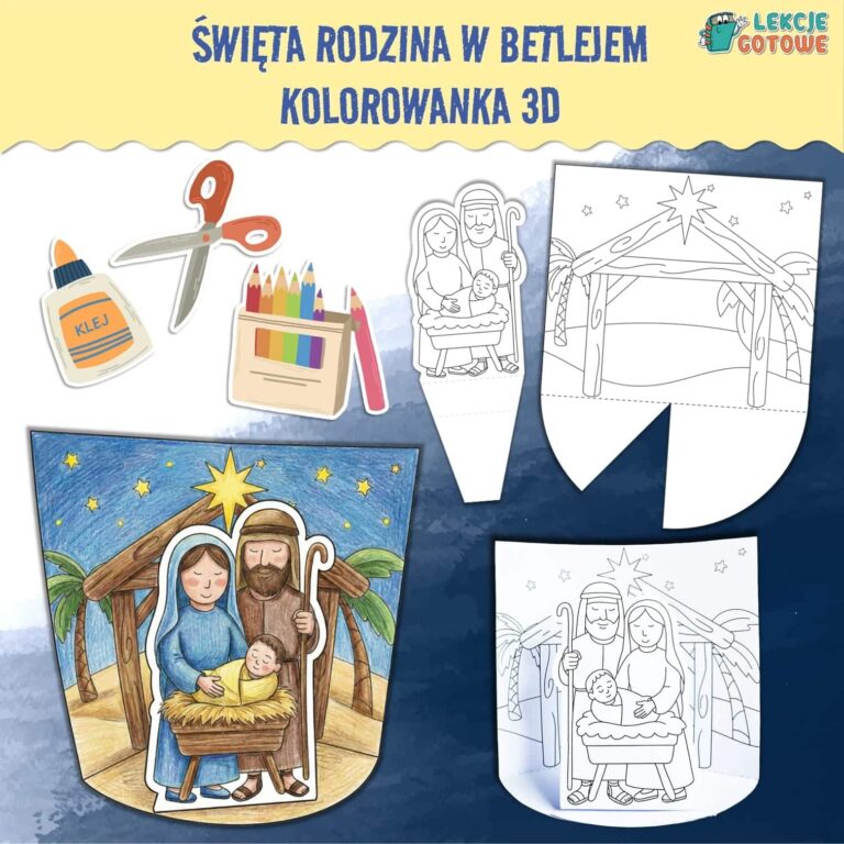 Święta Rodzina w Betlejem kolorowanka 3D szablon z papieru wycinanka dekoracje boże narodzenie święta wigilia pomoce edukacyjne pdf