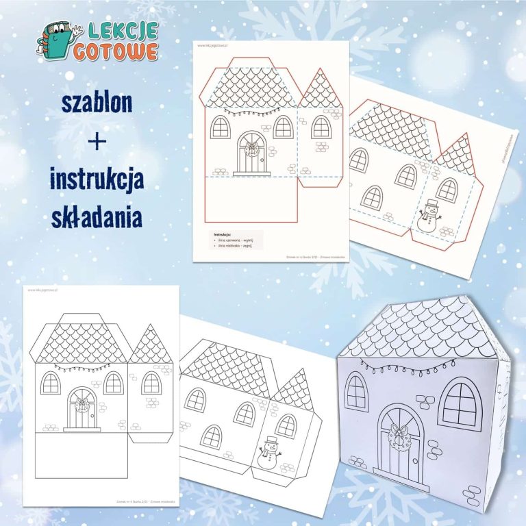 zimowe miasteczko zima dekoracje wycinanki kolorowanki dla dzieci pdf do druku ozdoby makieta pomysły praca plastyczna domki
