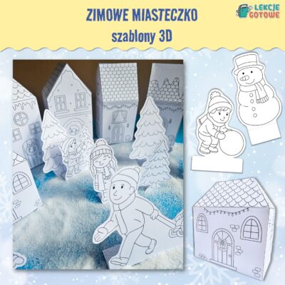 zimowe miasteczko zima dekoracje wycinanki kolorowanki dla dzieci pdf do druku ozdoby makieta pomysły praca plastyczna domki