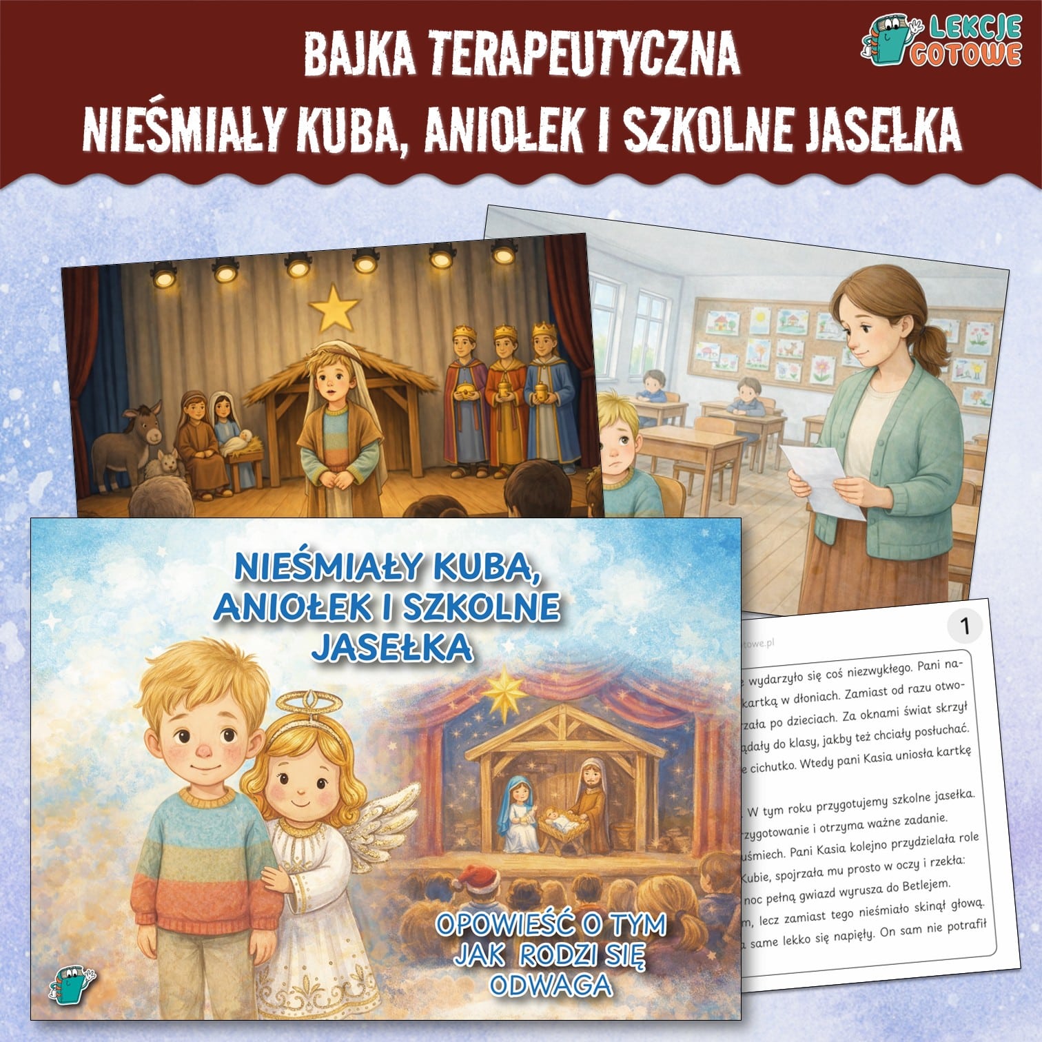 bajka terapeutyczna nieśmiałość odwaga nieśmiały kuba aniołek i szkolne jasełka opowiadanie pdf do druku materiały pomoce dydaktyczne terapeutyczne