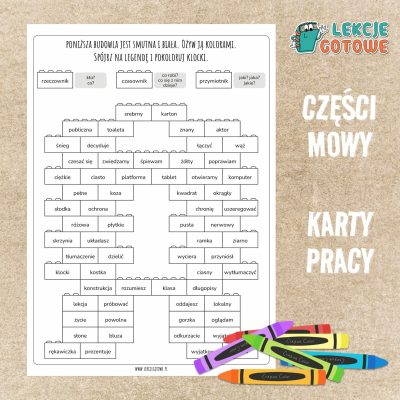 Budujemy części mowy rzeczownik czasownik przymiotnik Karty pracy pdf do druku edukacja polonistyczna gramatyka ćwiczenia do pobrania zadania