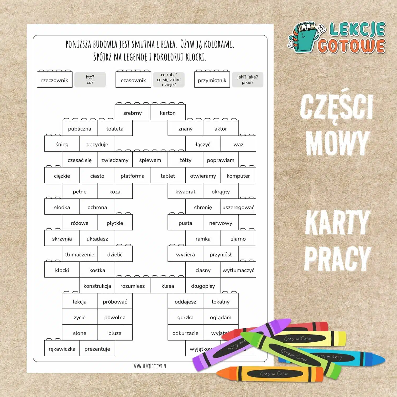 Budujemy części mowy rzeczownik czasownik przymiotnik Karty pracy pdf do druku edukacja polonistyczna gramatyka ćwiczenia do pobrania zadania