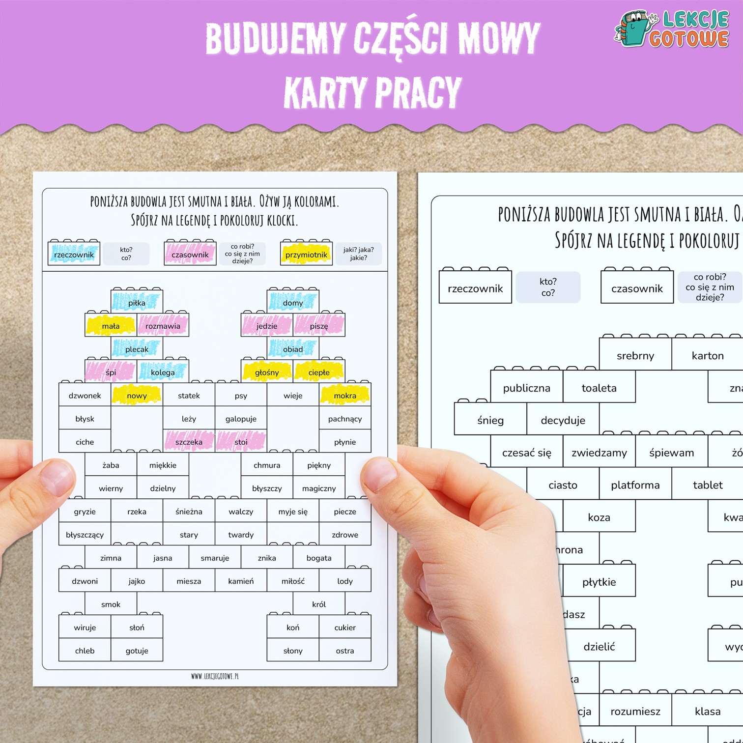 Budujemy części mowy rzeczownik czasownik przymiotnik Karty pracy pdf do druku edukacja polonistyczna gramatyka ćwiczenia do pobrania zadania