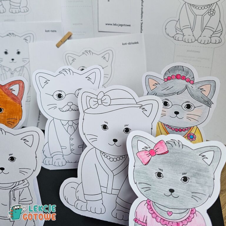 kocia rodzina dzień kota koty kolorowanki wycinanki makieta praca plastyczna pdf do druku dla dzieci edukacja plastyczna praca