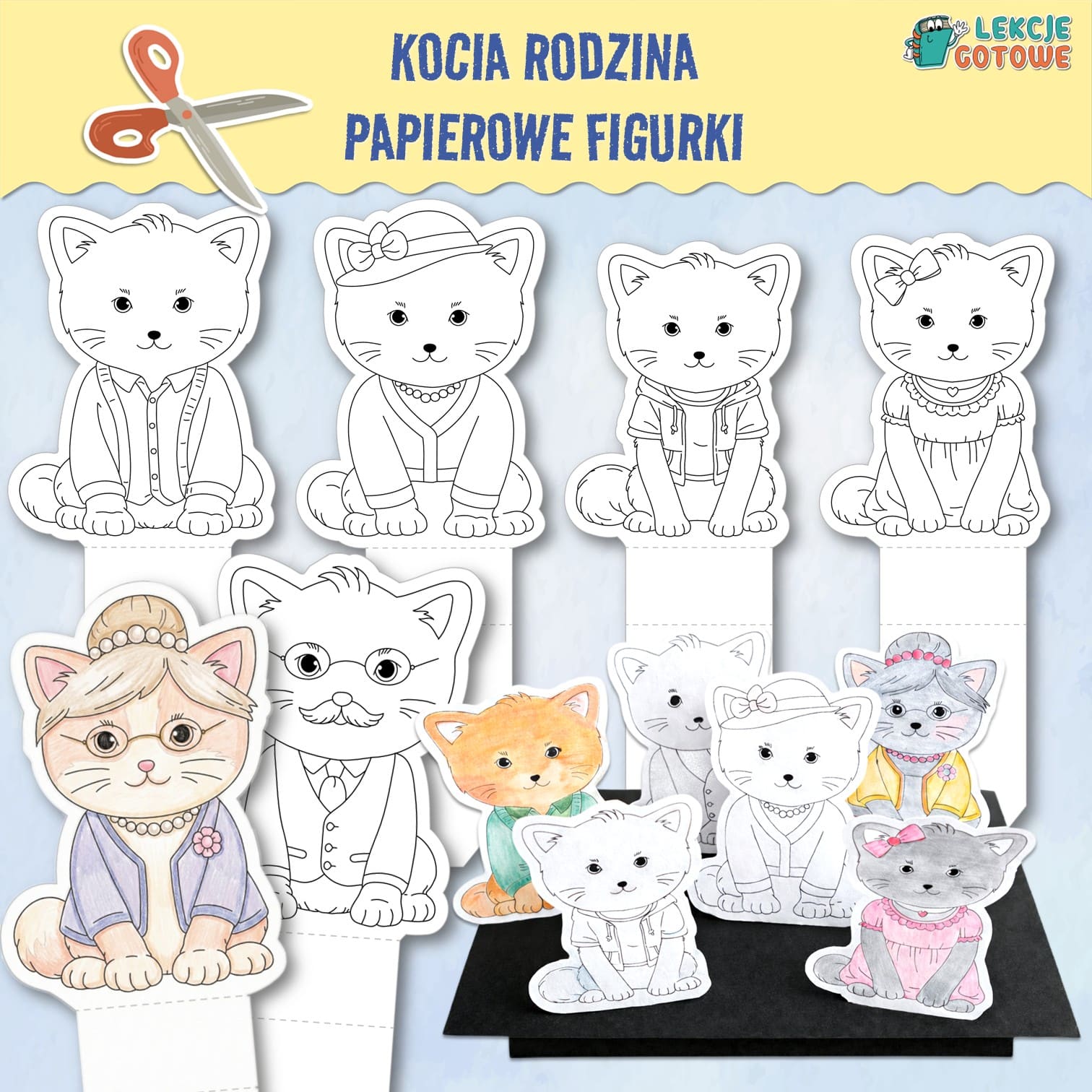 kocia rodzina dzień kota koty kolorowanki wycinanki makieta praca plastyczna pdf do druku dla dzieci edukacja plastyczna praca