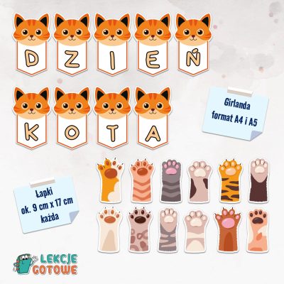 kocie łapki dzień kota girlanda napis dekoracja materiały na gazetkę pdf do druku ozdoby