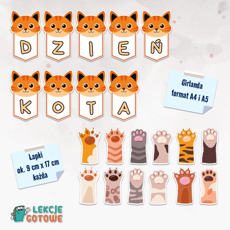 kocie łapki dzień kota girlanda napis dekoracja materiały na gazetkę pdf do druku ozdoby