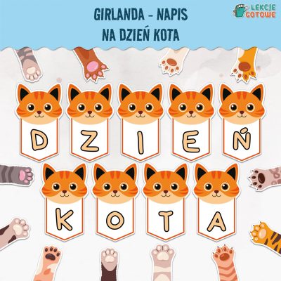 kocie łapki dzień kota girlanda napis dekoracja materiały na gazetkę pdf do druku ozdoby