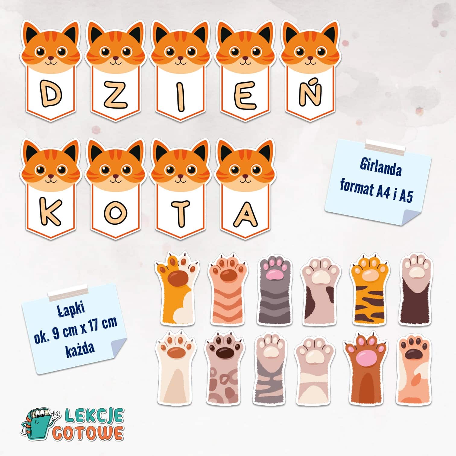 kocie łapki dzień kota girlanda napis dekoracja materiały na gazetkę pdf do druku ozdoby