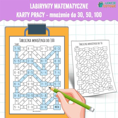 Labirynty matematyczne mnożenie tabliczka mnożenia do 30, 50, 100 karty pracy ćwiczenia pdf zadania