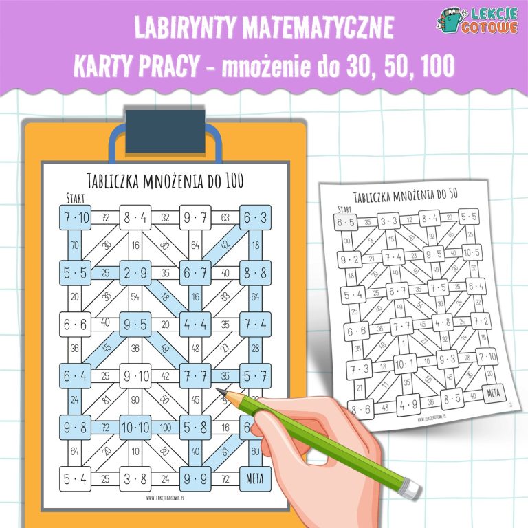 Labirynty matematyczne mnożenie tabliczka mnożenia do 30, 50, 100 karty pracy ćwiczenia pdf zadania