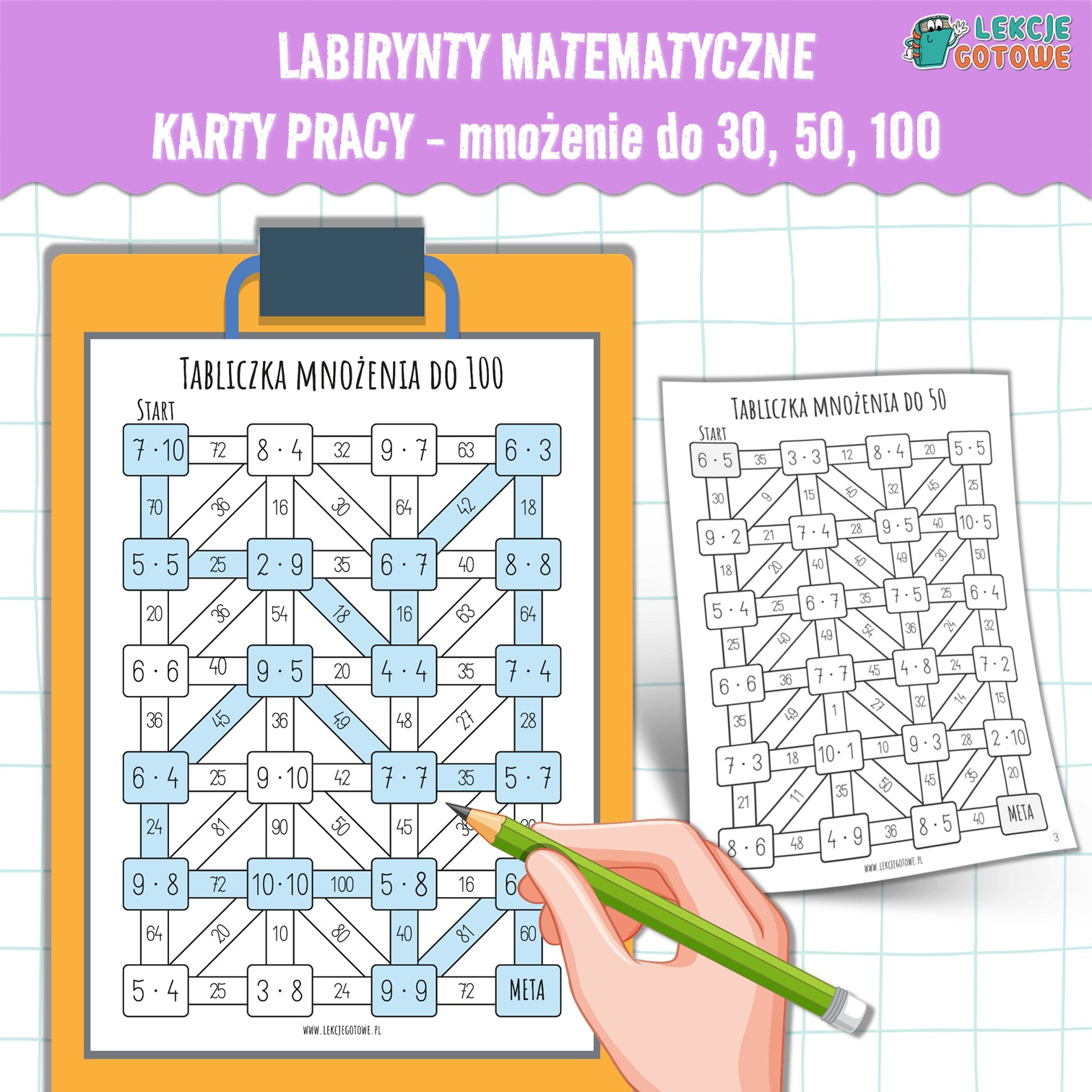 Labirynty matematyczne mnożenie tabliczka mnożenia do 30, 50, 100 karty pracy ćwiczenia pdf zadania