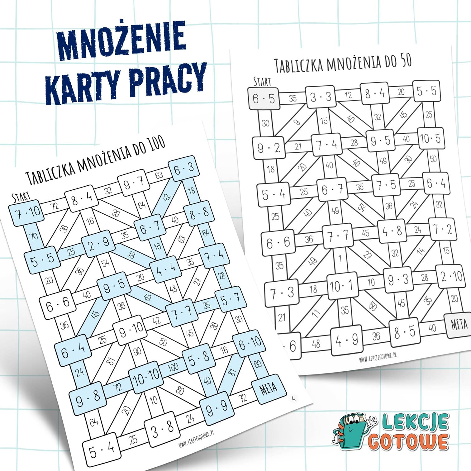 Labirynty matematyczne mnożenie tabliczka mnożenia do 30, 50, 100 karty pracy ćwiczenia pdf zadania