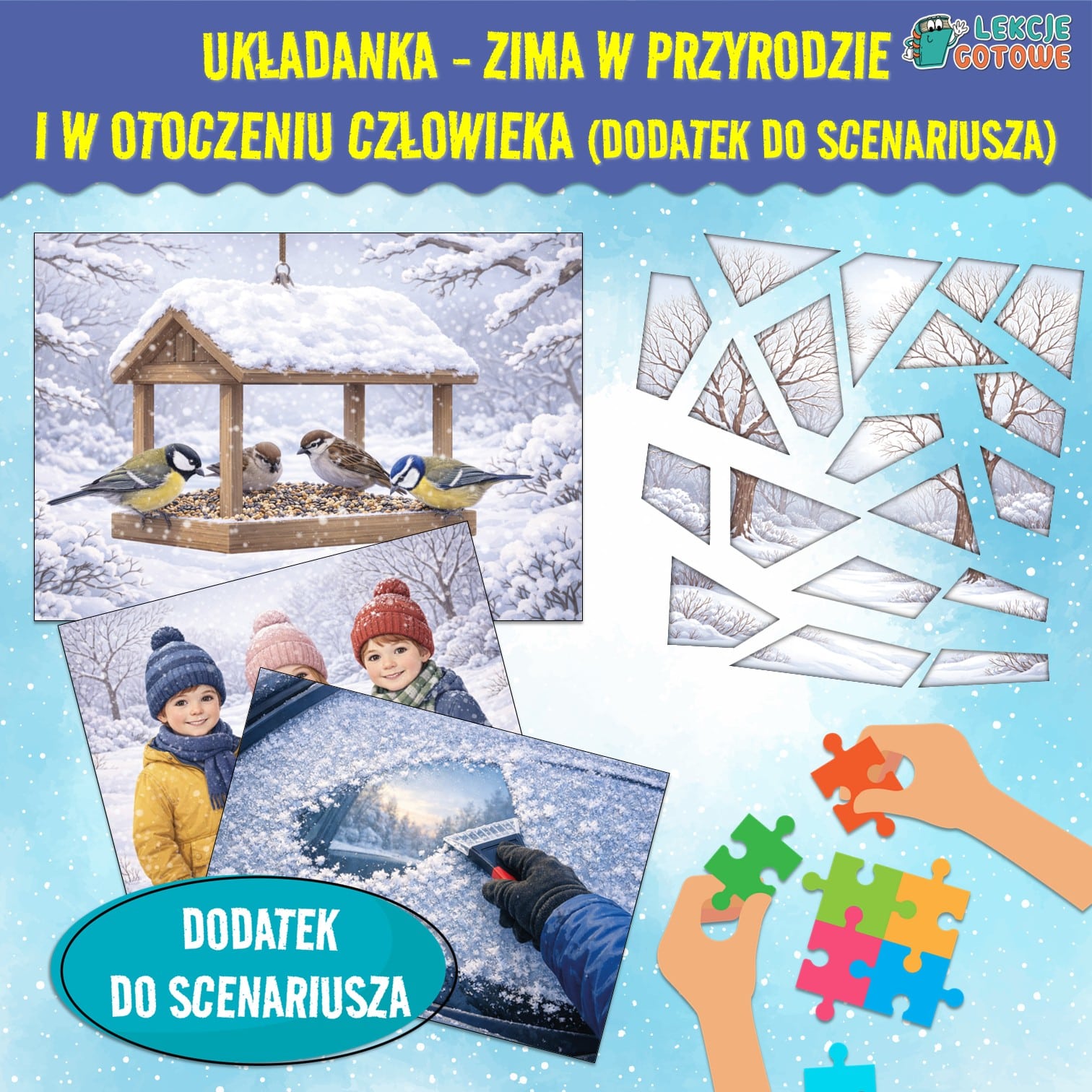 Układanka puzzle Zima w przyrodzie i w otoczeniu człowieka dodatek do scenariusza pdf pomysły