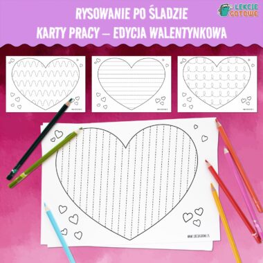 Rysowanie po śladzie karty pracy edycja walentynkowa walentynki luty materiały do druku pdf grafomotoryka motoryka mała