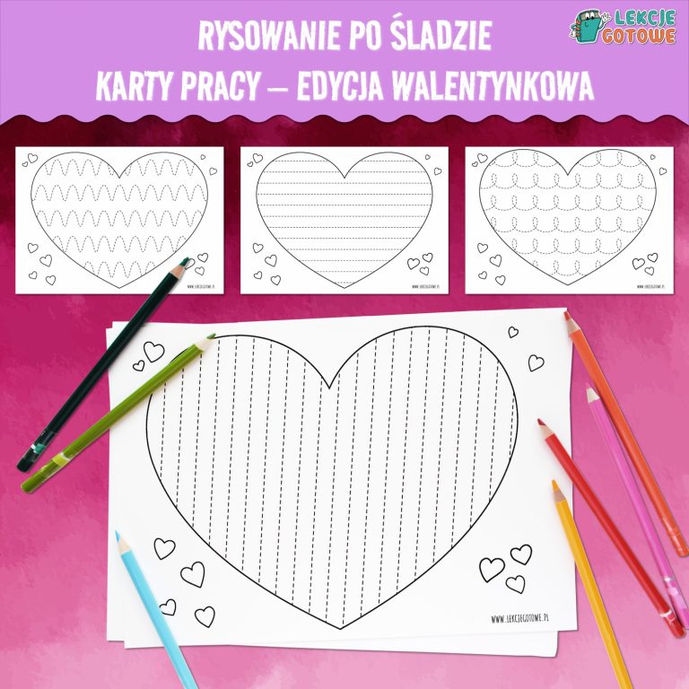 Rysowanie po śladzie karty pracy edycja walentynkowa walentynki luty materiały do druku pdf grafomotoryka motoryka mała